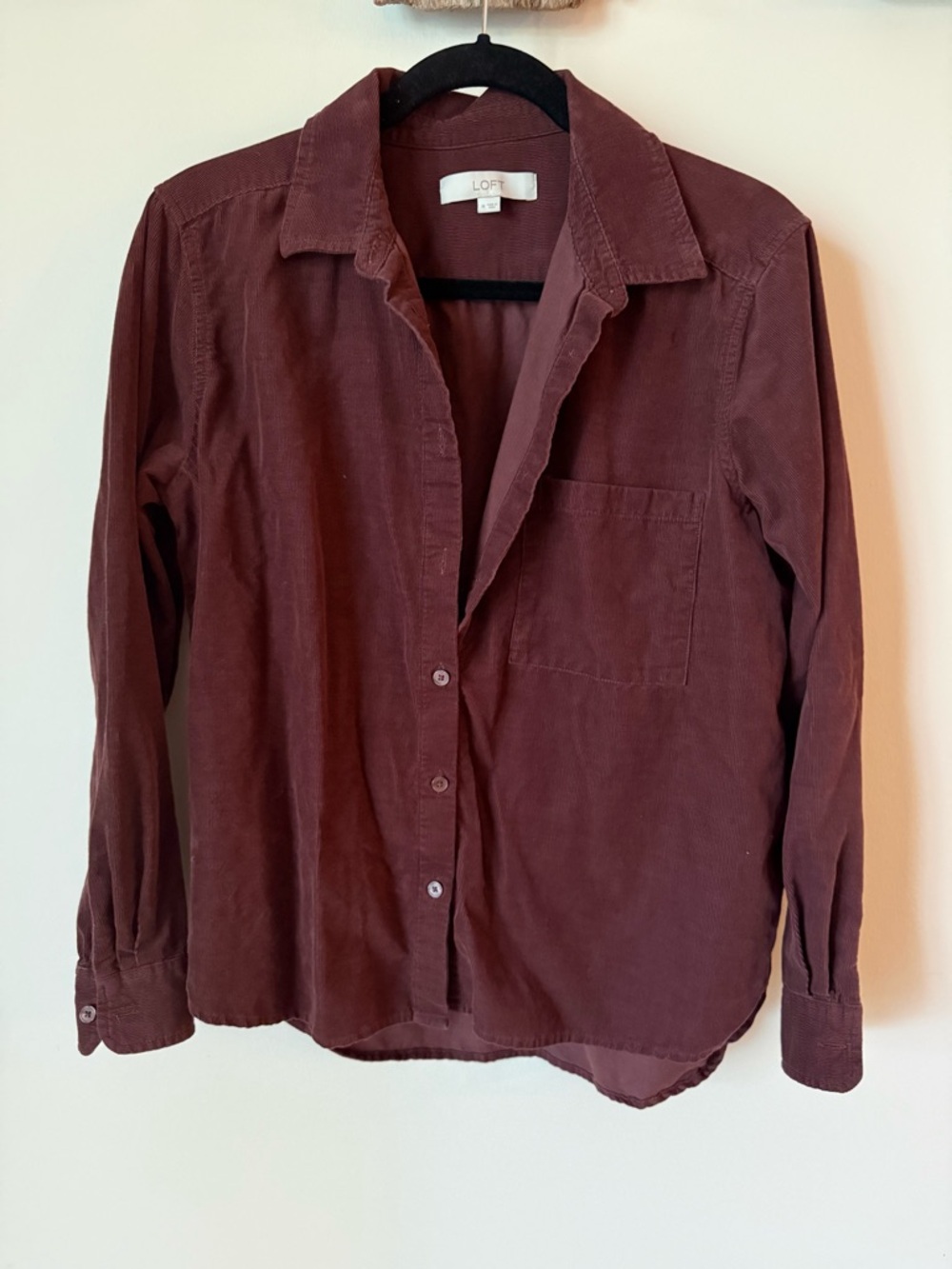 LOFT Burgundy Corduroy Button Up Shirt Soft Collared Blouse Fall Layering M